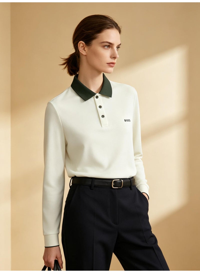 BOSS Men Long Sleeve Contrast Collar Polo Shirt Off White Dark Green - Image 2