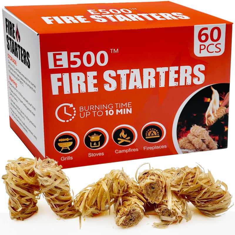 E500 Fire Starter - Natural Fire Starters for Fireplace, Campfires, Chimney, BBQ, Fire Pit & Wood Fireplace - 60 Pack Odorless Pine Firestarter, Charcoal Starter for Grill - Image 1