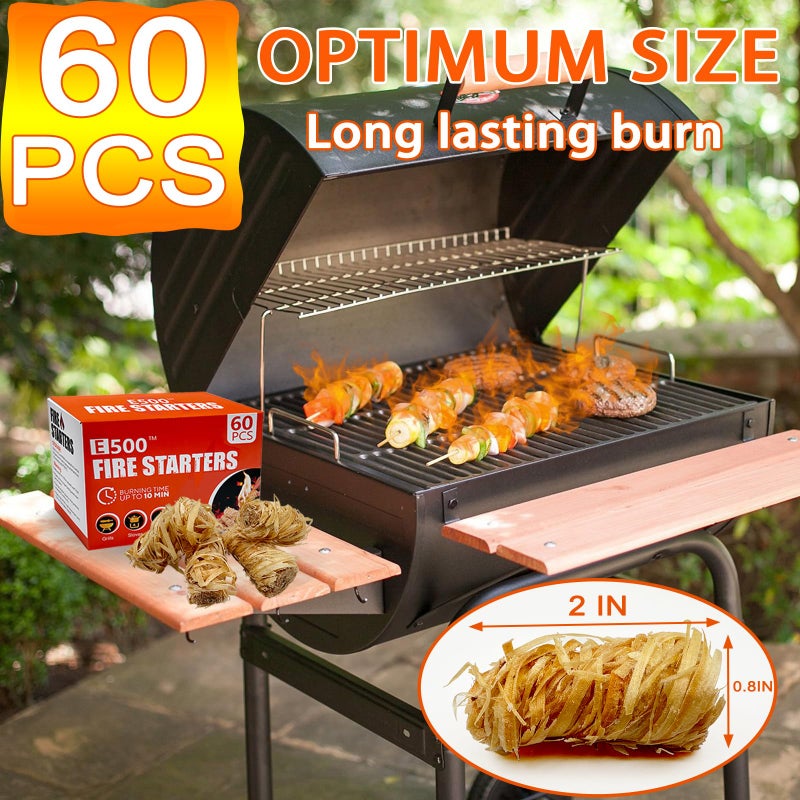 E500 Fire Starter - Natural Fire Starters for Fireplace, Campfires, Chimney, BBQ, Fire Pit & Wood Fireplace - 60 Pack Odorless Pine Firestarter, Charcoal Starter for Grill - Image 5
