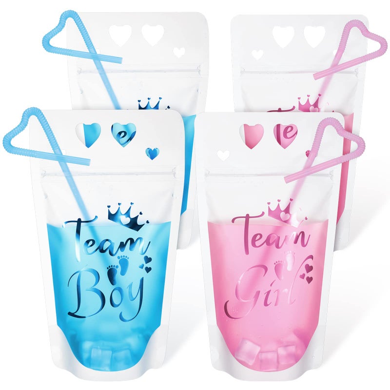 48 Pcs Gender Reveal Drink Pouch Cups Pink Blue Zipper Bags with Straws Team Boy Team Girl Reclosable Plastic Drinking Pouches Baby Shower Gender Reveal Party Supplies 24 Pink 24 Blue 17 oz