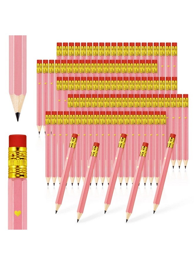 Bercoor 100 Pack Half Pencils With Eraser, Pre-Sharpened Golf Pencils 4 Inch Mini Pencils 2 Hb Hexagon Small Pencils Short Pencils For Wedding, Baby Shower, Golf, School, Office (Pink)  - Image 1