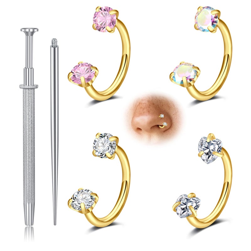 Longita Gold Horseshoe Nose Ring for Women Double Gem Horse Shoe Nose Ring Hoop 18g Surgical Steel Cartilage Helix Tragus Earring Hoops Labret Lip Piercing Jewelry Small Septum Rings 18 Gauge 4pcs - Image 1