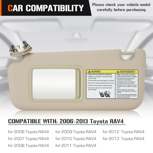 AEagle Left & Right Sun Visor with Vanity Light for 2006-2013 Toyota RAV4, Driver & Passenger Side Beige Sunvisor Replacement 74320-42501-B2 74310-42452-B2 - Image 4
