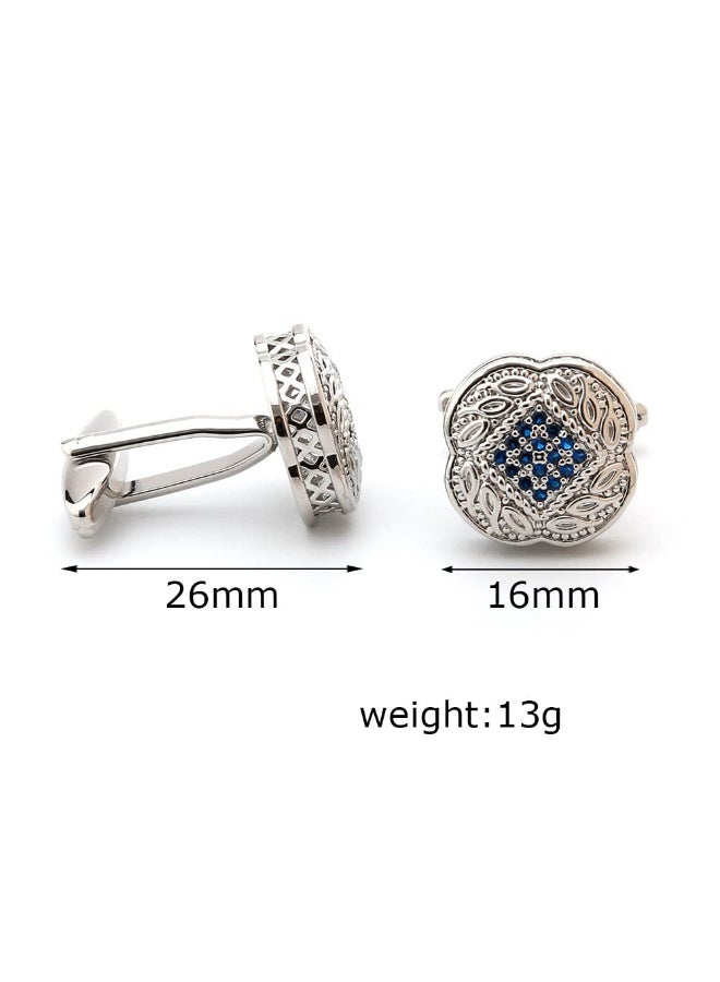 Men's Luxury Cufflinks Set, 3 Pairs, Silver-Tone with Crystal Rhinestones, Blue and Green Designs - Image 4