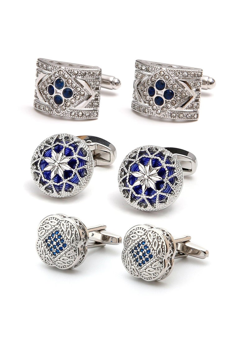 Men's Luxury Cufflinks Set, 3 Pairs, Silver-Tone with Crystal Rhinestones, Blue and Green Designs - Image 1