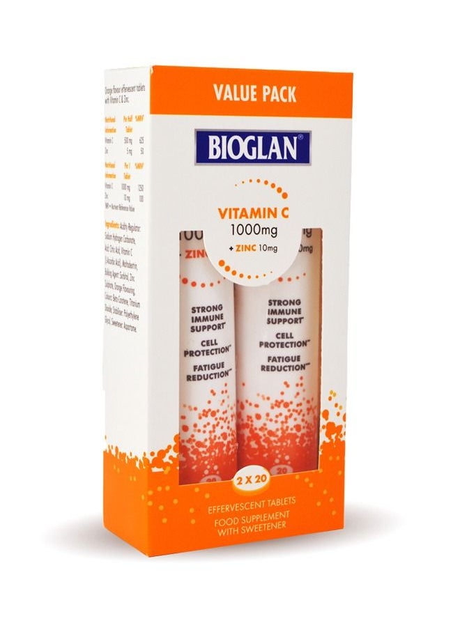 BIOGLAN أقراص فيتامين سي مع الزنك الفوارة 1000 ملجم، عبوة قيمة 40 قرصًا 