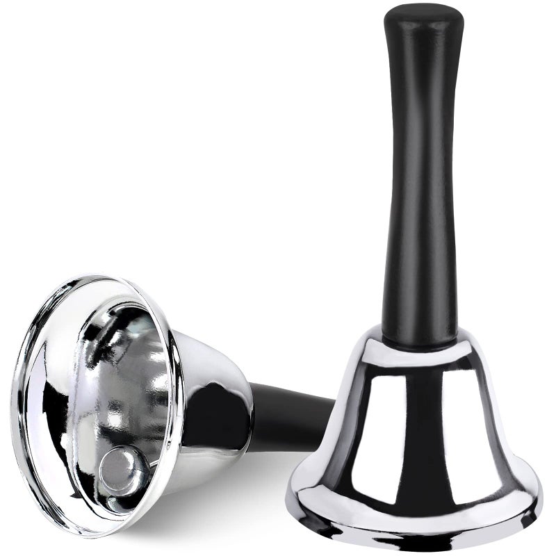 2 Pack Hand Bell Silver Steel Bell Ringing Bell with Handle Dinner Bells for Inside Classroom Bell for Food Line Alarm Jingles Ringing Silver