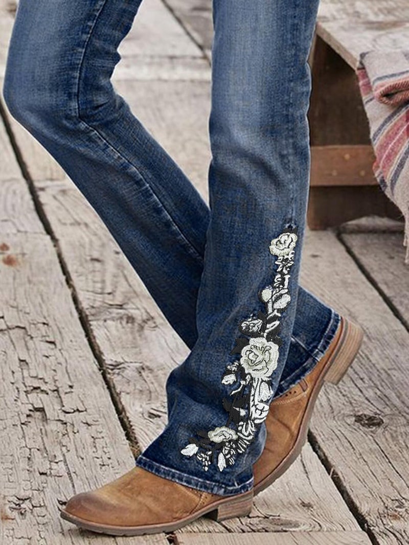 Flamingals Women's Floral Embroidery Mid Waist High Stretch Bootcut Jeans with Pockets Steel Blue M - Image 4