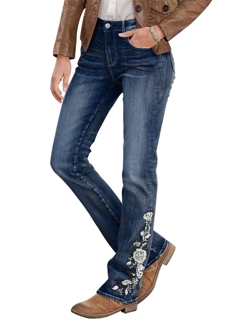 Flamingals Women's Floral Embroidery Mid Waist High Stretch Bootcut Jeans with Pockets Steel Blue M - Image 1