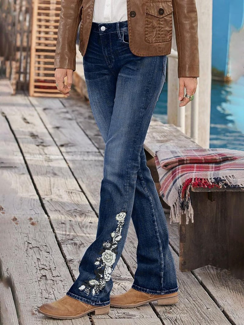 Flamingals Women's Floral Embroidery Mid Waist High Stretch Bootcut Jeans with Pockets Steel Blue M - Image 2