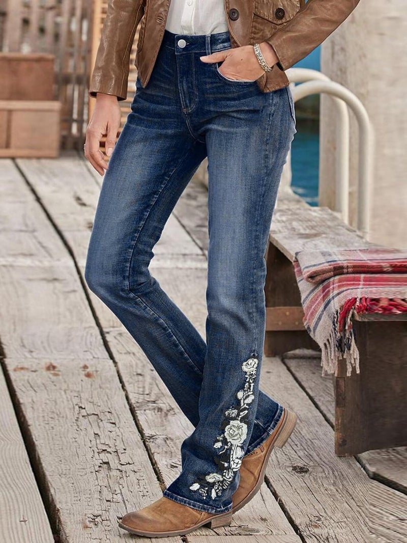 Flamingals Women's Floral Embroidery Mid Waist High Stretch Bootcut Jeans with Pockets Steel Blue M - Image 3