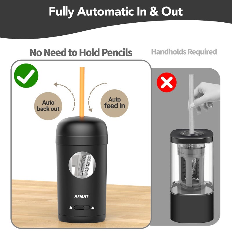 AFMAT Electric Pencil Sharpener, Fully Automatic Pencil Sharpener for 7-8mm Pencils & Colored Pencils, Auto in & Out, Rechargeable Vertical Hands-Free Sharpeners for Classroom/Home/Office PSX7(Black) - Image 2