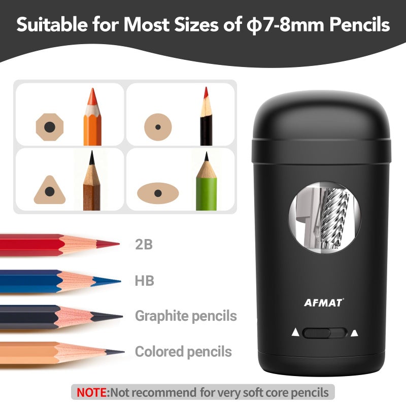 AFMAT Electric Pencil Sharpener, Fully Automatic Pencil Sharpener for 7-8mm Pencils & Colored Pencils, Auto in & Out, Rechargeable Vertical Hands-Free Sharpeners for Classroom/Home/Office PSX7(Black) - Image 3