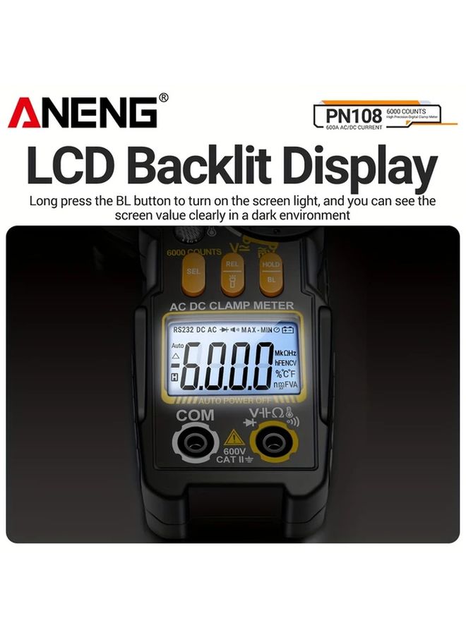 Digital Clamp Meter 6000 Counts AC DC Voltage 600A Current Multimeter Resistance Capacitance High Precision Tester PN108 Black - Image 3