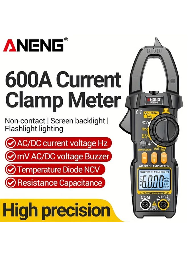 Digital Clamp Meter 6000 Counts AC DC Voltage 600A Current Multimeter Resistance Capacitance High Precision Tester PN108 Black - Image 1