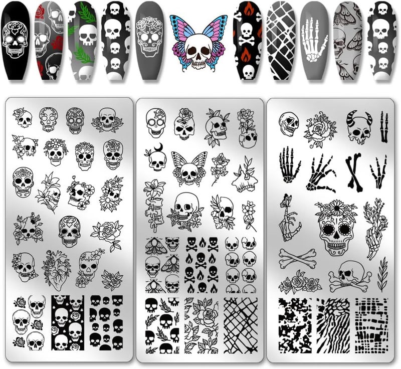 PH PandaHall 3pcs Gothic Skull Nail Stamper 58 Patterns Horror Skeleton Flower Nail Stamping Plate Nail Art Stencils Stainless Steel Nail Image Plates for Nail Design Print Manicure Salon Halloween