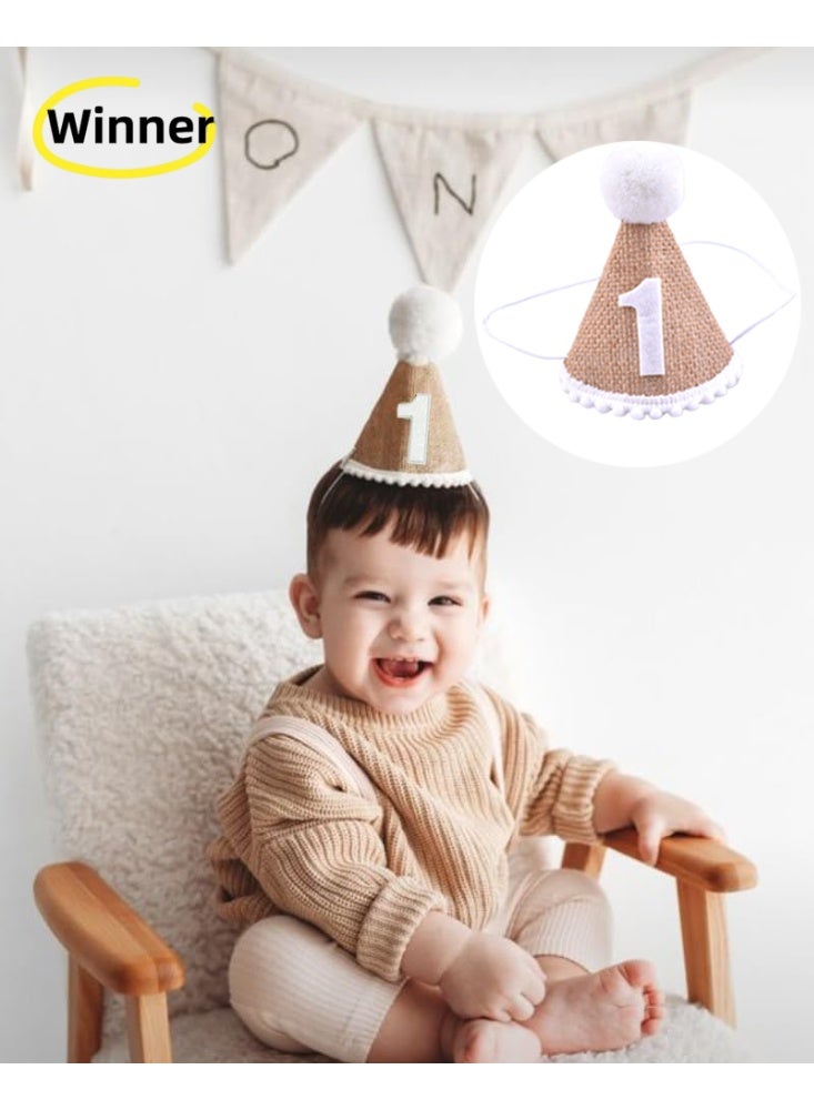 Winner 1st Birthday Hat Boy, One Birthday Hat Khaki Handmade Linen Cone First Birthdays Party Hat For Girls Boys Photo Prop Birthdays Party Decoration - Image 1