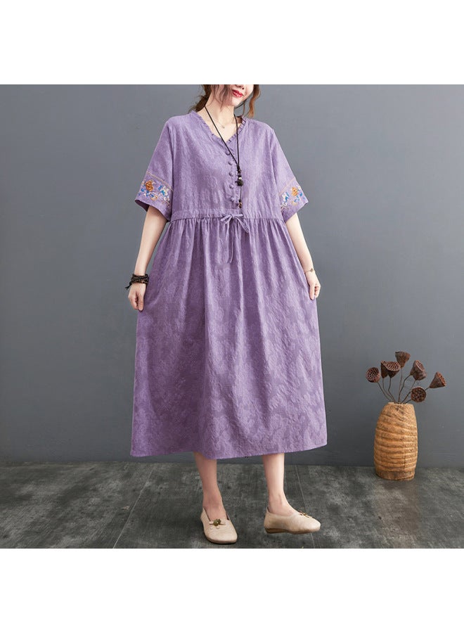 Purple Summer Literary Retro Jacquard Cotton Linen Round Neck Embroidered Lace-up Short-sleeve Dress