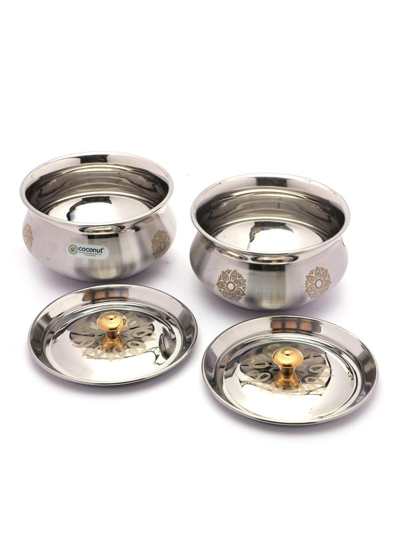 Coconut coconut Stainless Steel Cook-n-Serve Laser Design Handi with SS Lid - Set of 2 (1300 ML Each)  - Image 2