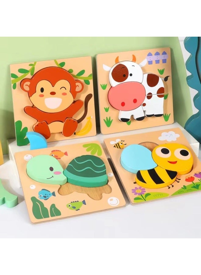 Wooden Advanced Three-Dimensional Puzzle Set Educational Toys For Young Children Boys And Girls Baby Cartoon Animal Puzzle 3-6-Color:Style One (Monkey + Cow + Turtle + Bee) - Image 1