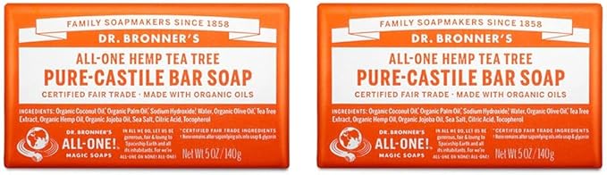 Dr. Bronner's Dr Bronners 3in1 Tea Tree Pure Castile Bar Soap Made with Organic Oils Used for Face Body and Hair Certified Fair Trade Vegan Friendly 140g Bar - Image 1