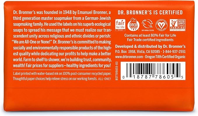 Dr. Bronner's Dr Bronners 3in1 Tea Tree Pure Castile Bar Soap Made with Organic Oils Used for Face Body and Hair Certified Fair Trade Vegan Friendly 140g Bar - Image 2