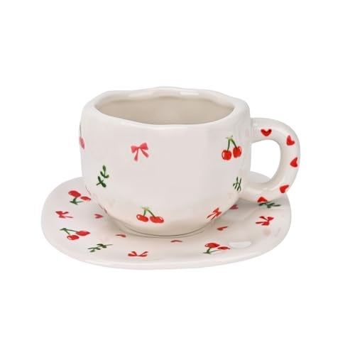 Koythin Ceramic Coffee Mug with Saucer Set, Cute Creative Cherry Bow Cup Unique Irregular Design for Office and Home, 10 oz/300 ml for Latte Tea Milk - Image 1