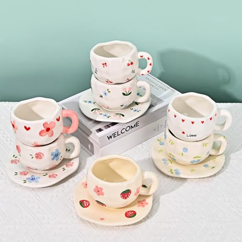 Koythin Ceramic Coffee Mug with Saucer Set, Cute Creative Cherry Bow Cup Unique Irregular Design for Office and Home, 10 oz/300 ml for Latte Tea Milk - Image 4