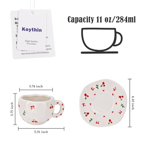 Koythin Ceramic Coffee Mug with Saucer Set, Cute Creative Cherry Bow Cup Unique Irregular Design for Office and Home, 10 oz/300 ml for Latte Tea Milk - Image 2