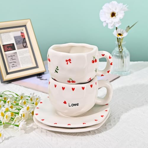 Koythin Ceramic Coffee Mug with Saucer Set, Cute Creative Cherry Bow Cup Unique Irregular Design for Office and Home, 10 oz/300 ml for Latte Tea Milk - Image 5