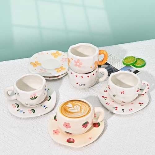 Koythin Ceramic Coffee Mug with Saucer Set, Cute Creative Cherry Bow Cup Unique Irregular Design for Office and Home, 10 oz/300 ml for Latte Tea Milk - Image 3