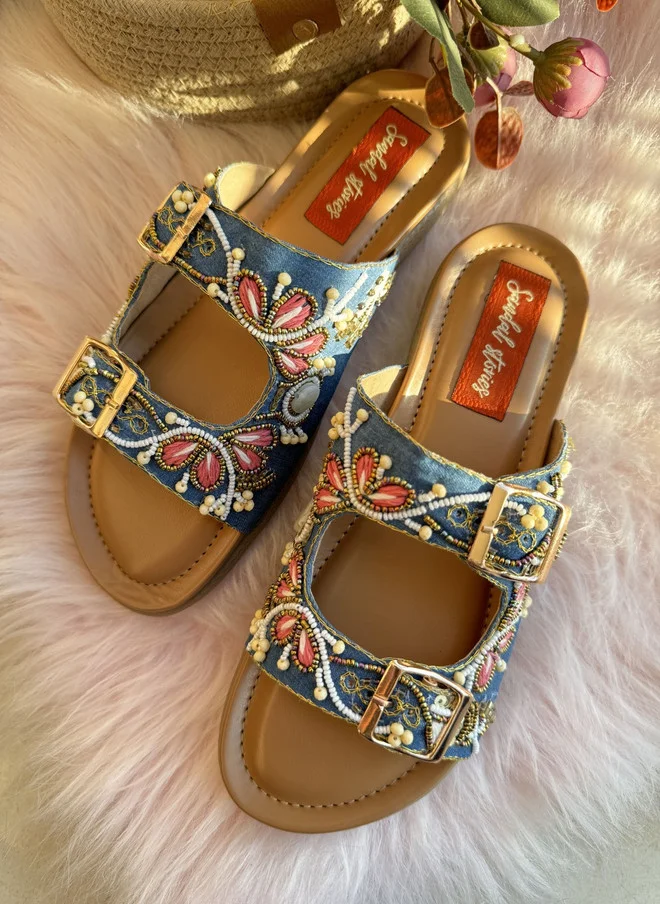 صندل ستوريز SANDAL STORIES Women Printed Open Toe Flats with Embroidered Design