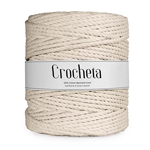 CROCHETA 3 Ply Twisted Macrame Cotton Cord Dori Roll Packaging Thread for Macrame DIY and Other Projects (3mm 100 Mtr., Off White) - Image 1