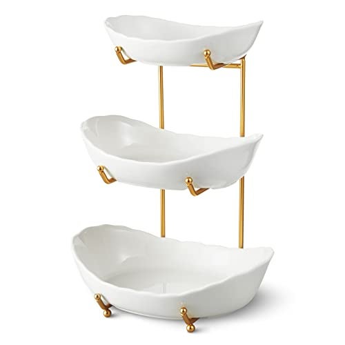 HOMKULA Ceramic Fruit Bowl for Kitchen Counter - 3 Tier Fruit Basket with Metal Stand, Tiered Fruit Stand for Countertop, Snack, Nuts, Cake, Dessert, Small & Cute (Gold) - Image 1