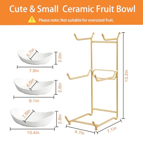 HOMKULA Ceramic Fruit Bowl for Kitchen Counter - 3 Tier Fruit Basket with Metal Stand, Tiered Fruit Stand for Countertop, Snack, Nuts, Cake, Dessert, Small & Cute (Gold) - Image 3