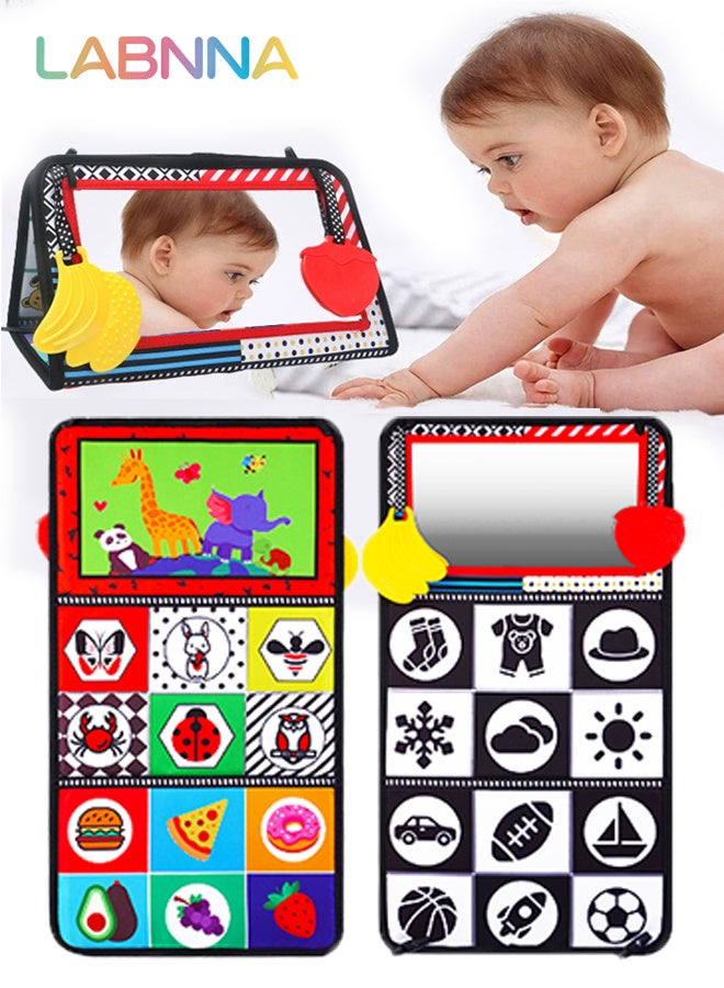 LABNNA كتاب قماش قابل للطي مع مرآة، ألعاب مرآة لوقت الاستلقاء على البطن للأطفال، ألعاب حسية عالية التباين للأطفال مع كتاب قماش مجعد ومرآة، ألعاب مونتيسوري، لعبة إبداعية محمولة لتنمية الطفل، أداة ممتازة للتعليم والتنوير المبكر - Image 1