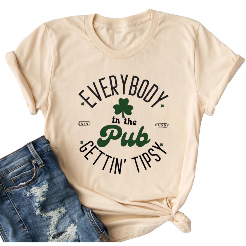 Yimoya St Patricks Day Shirt Women Irish Slainte Shirts Everybody in The Pub T Shirts Lucky Shirts (2-Cream, L)