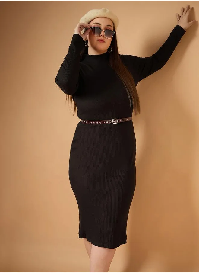 SASSAFRAS Plus Size Ribbed High Neck Bodycon Midi Dress