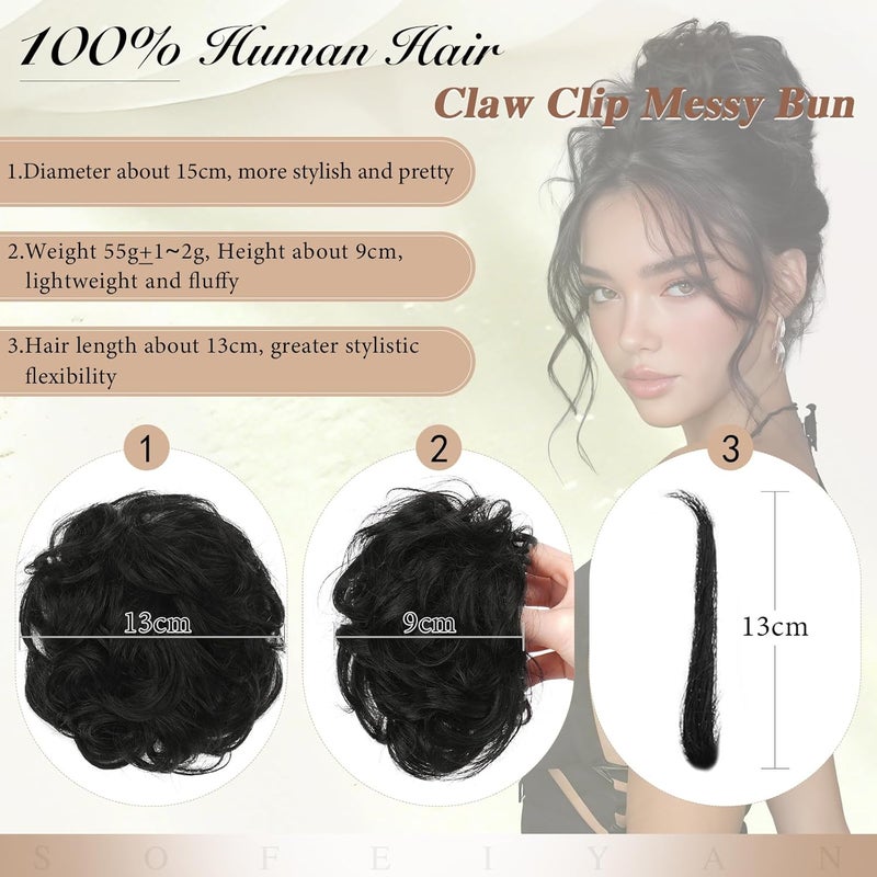 SOFEIYAN Claw Clip Messy Bun 100% Human Hair Buns Curly Hairpieces with Clip Real Hair Chignon Tousled Updo Scrunchie Hairpiece with Clips Hair Accessories for Women-Natural Black - Image 2