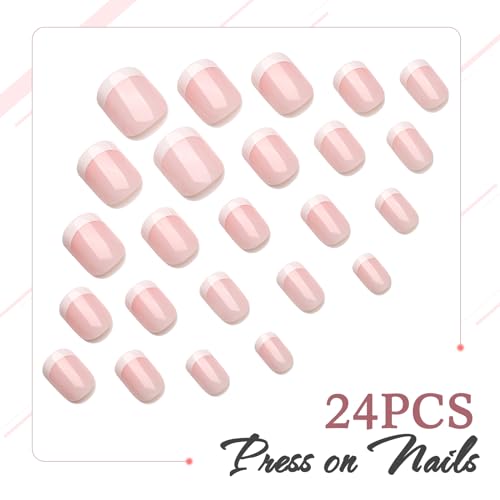 Artquee Classic French Tip Press On Nails Short Square Clear Pink Designs False Nail White Edge Glossy Reusable Stick on Nails for Women Fake Nails Art in 12 Sizes - 24pcs Nail Kit - Image 4