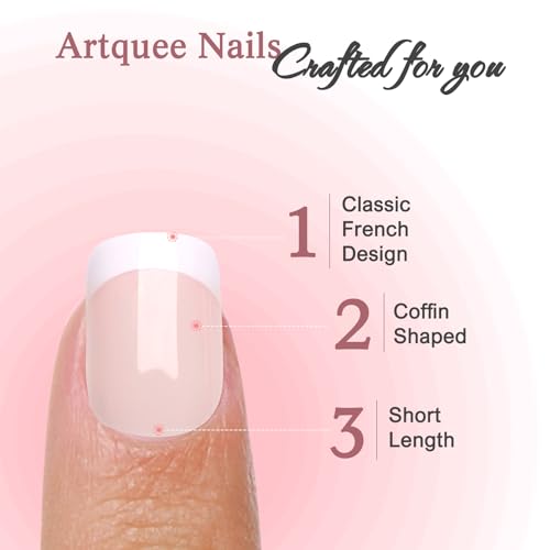 Artquee Classic French Tip Press On Nails Short Square Clear Pink Designs False Nail White Edge Glossy Reusable Stick on Nails for Women Fake Nails Art in 12 Sizes - 24pcs Nail Kit - Image 2