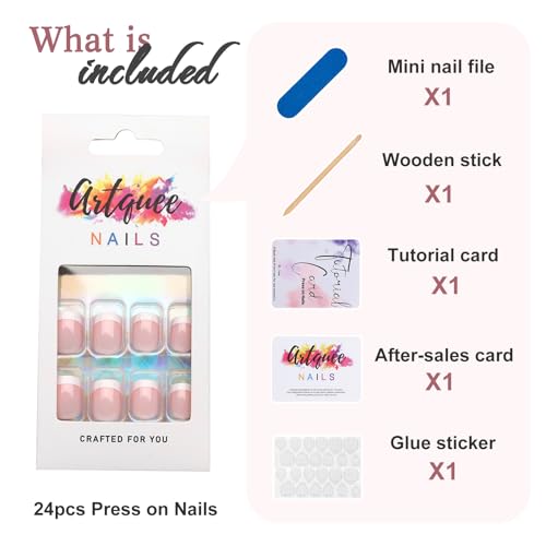 Artquee Classic French Tip Press On Nails Short Square Clear Pink Designs False Nail White Edge Glossy Reusable Stick on Nails for Women Fake Nails Art in 12 Sizes - 24pcs Nail Kit - Image 3