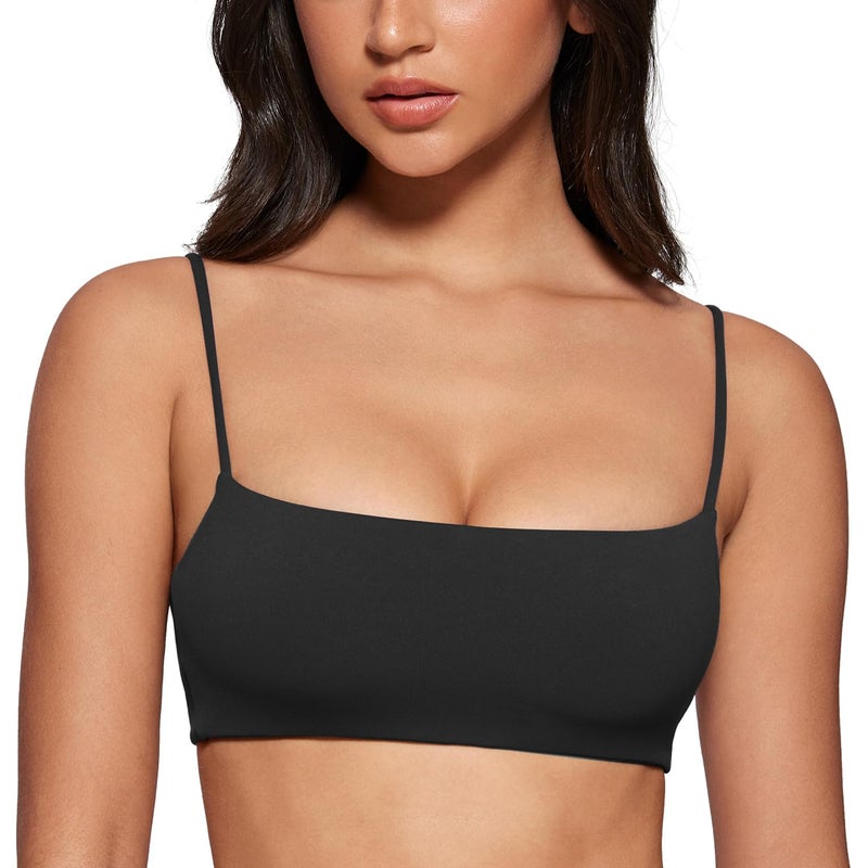 INGIA Women's Square Neck Sports Bra Spaghetti Strap Padded Cami Yoga Wireless Square Back Workout Bra Crop Top Black Medium - Image 1