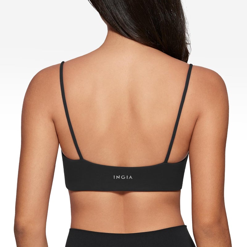 INGIA Women's Square Neck Sports Bra Spaghetti Strap Padded Cami Yoga Wireless Square Back Workout Bra Crop Top Black Medium - Image 2