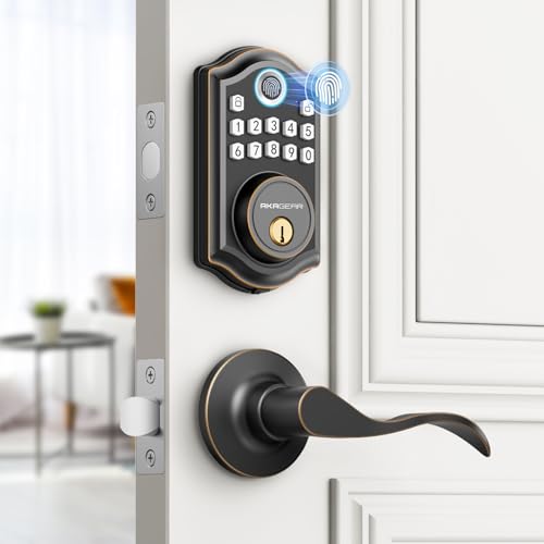 AkaGear DS10 Keyless Entry Door Lock with Handle - 2 Lever Handles, Fingerprint Door Lock, Keypad Deadbolt, 2 Keys, Code, Smart Locks for Front Door, Auto-Lock, Easy Installation - Oil Rubbed Bronze - Image 1