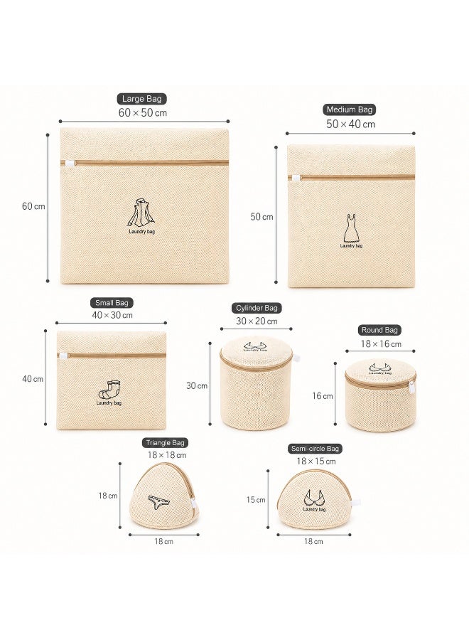 7 Pcs Mesh Laundry Bags Set with Zipper, Beige Washing Machine Laundry Bags for Clothes, Underwear, Socks, Delicates, Home & Travel Use - Image 4