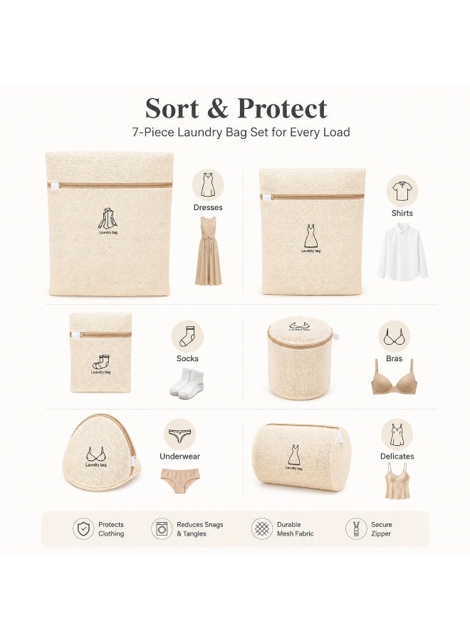 7 Pcs Mesh Laundry Bags Set with Zipper, Beige Washing Machine Laundry Bags for Clothes, Underwear, Socks, Delicates, Home & Travel Use - Image 5