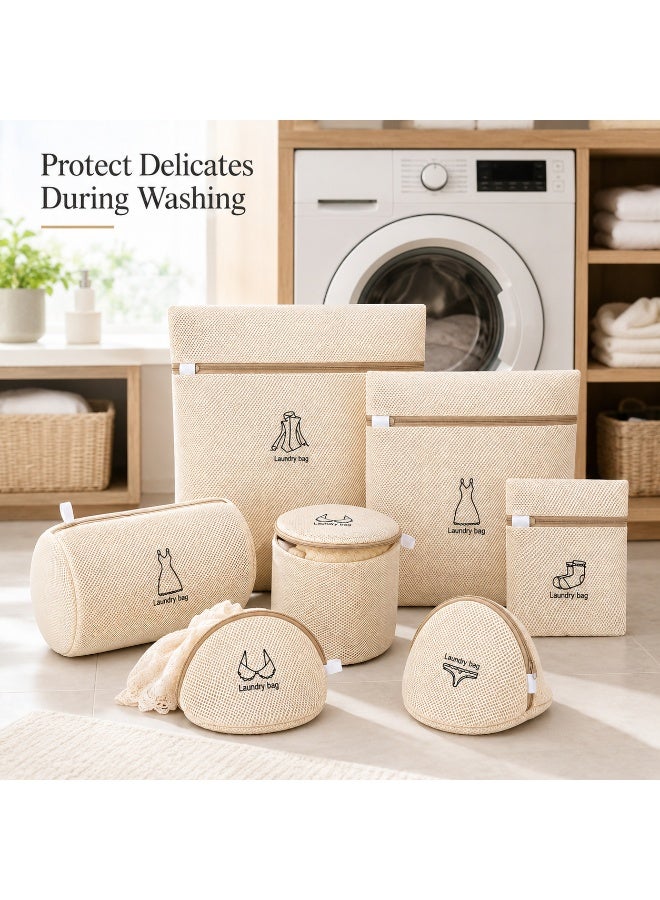 7 Pcs Mesh Laundry Bags Set with Zipper, Beige Washing Machine Laundry Bags for Clothes, Underwear, Socks, Delicates, Home & Travel Use - Image 3