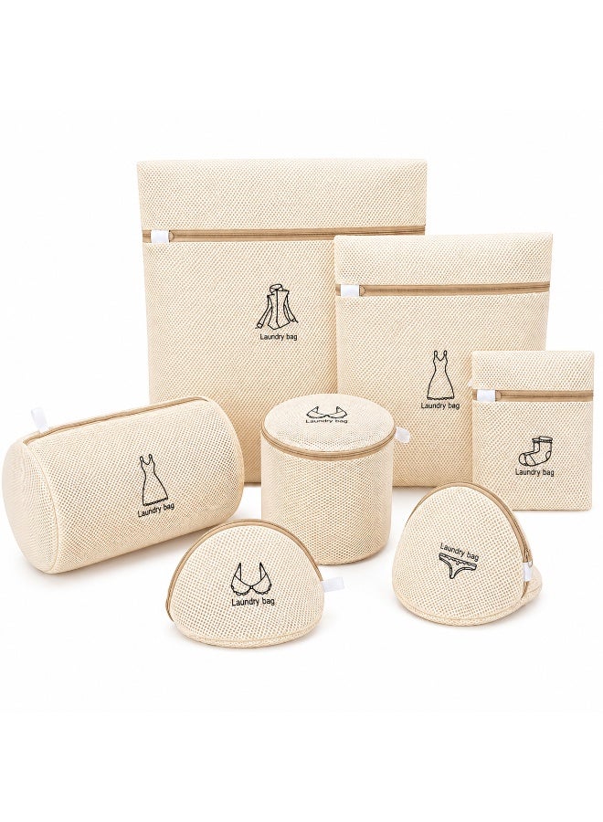 7 Pcs Mesh Laundry Bags Set with Zipper, Beige Washing Machine Laundry Bags for Clothes, Underwear, Socks, Delicates, Home & Travel Use - Image 1