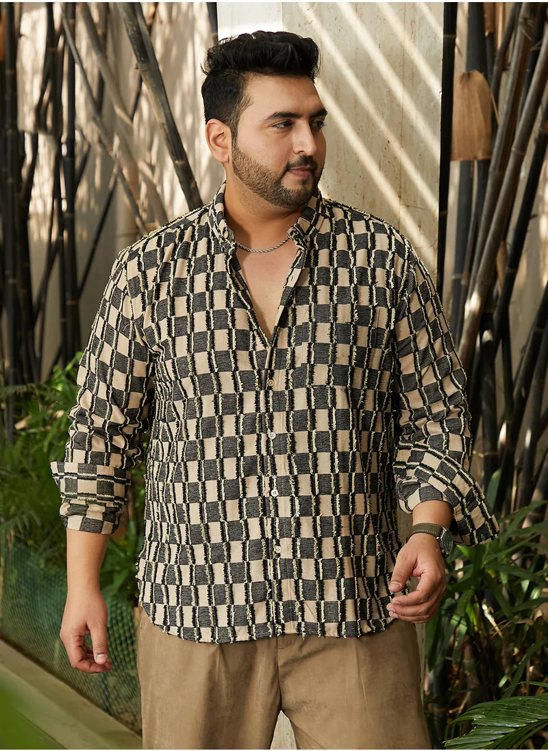 انستافاب بلس Instafab Plus Men's Charcoal Black & Off-White Block-Edge Shirt For Casual Wear | Spread Collar | Long Cuffed Sleeves | Button Closure | Plus Size Shirt Crafted With Comfort Fit For Everyday Wear